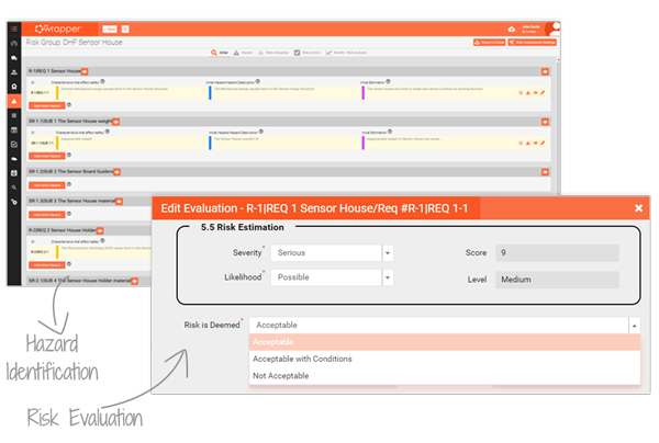 qmsWrapper Risk Evaluation screen – severity, likelihood and risk scoring for ISO 14971 compliance